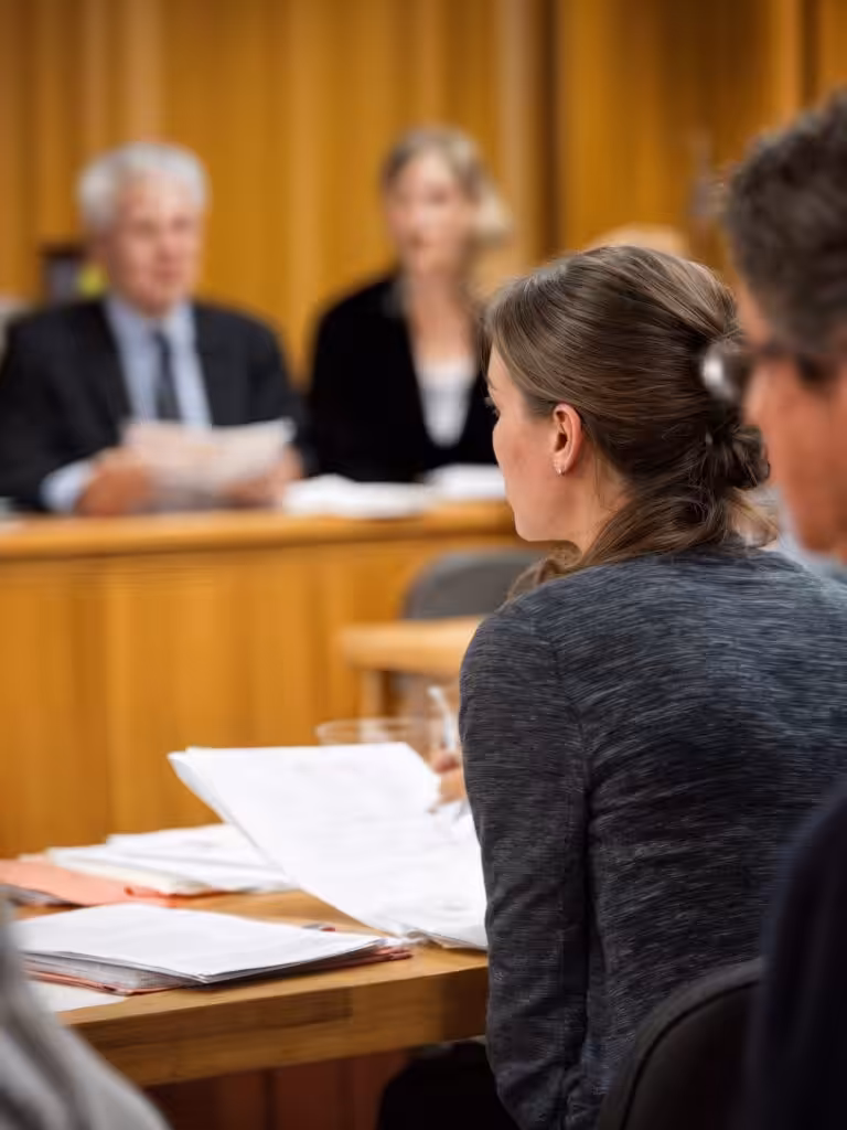 People in a courtroom actively discussing legal matters