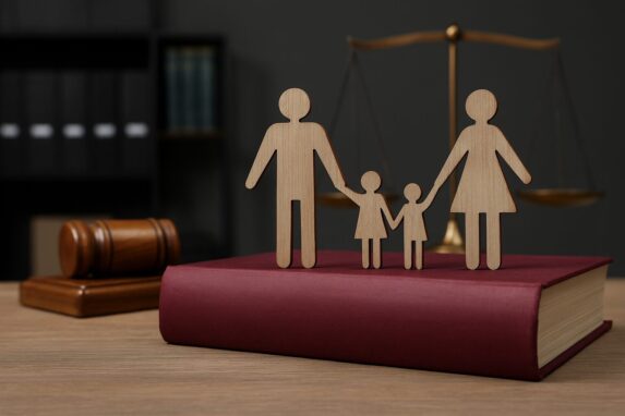 Wooden figurines of a family holding hands next to a book symbolising legal protection & family law