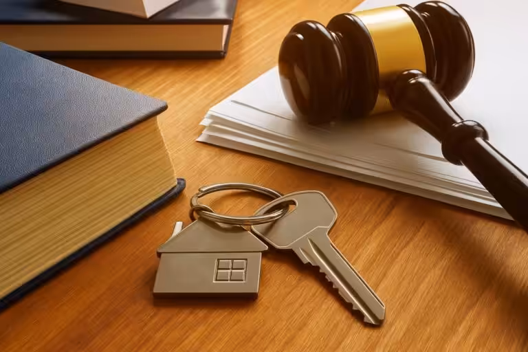 Property law concept with house key and gavel