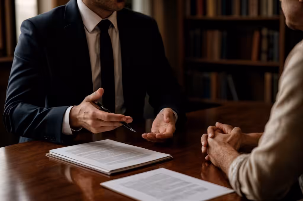 Business meeting discussing contract paperwork at office desk