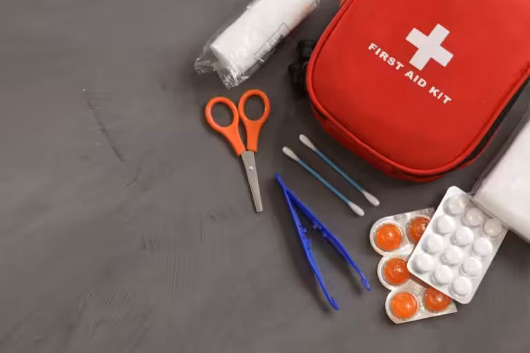 Essential first aid kit with medical supplies