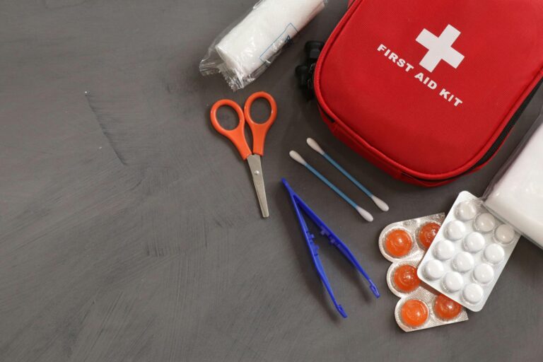 Essential first aid kit with medical supplies
